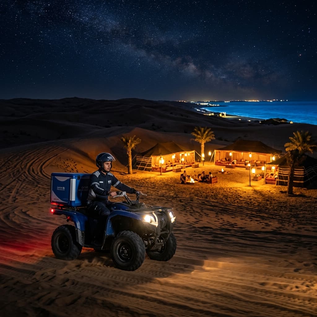 ATV delivering food through the Sealine desert at night with camping tents in the background